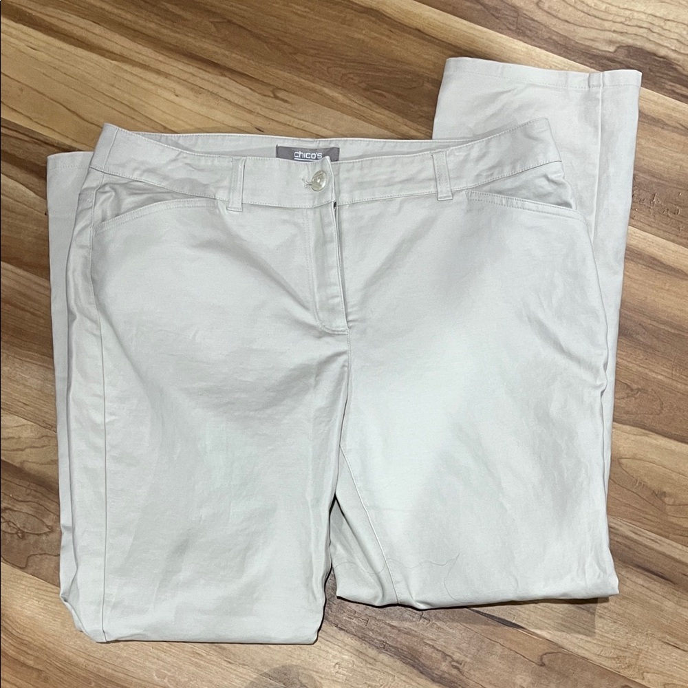 Chico's Off-White Light Taupe Straight Leg Pants Stretch Cotton sz 1 Short
